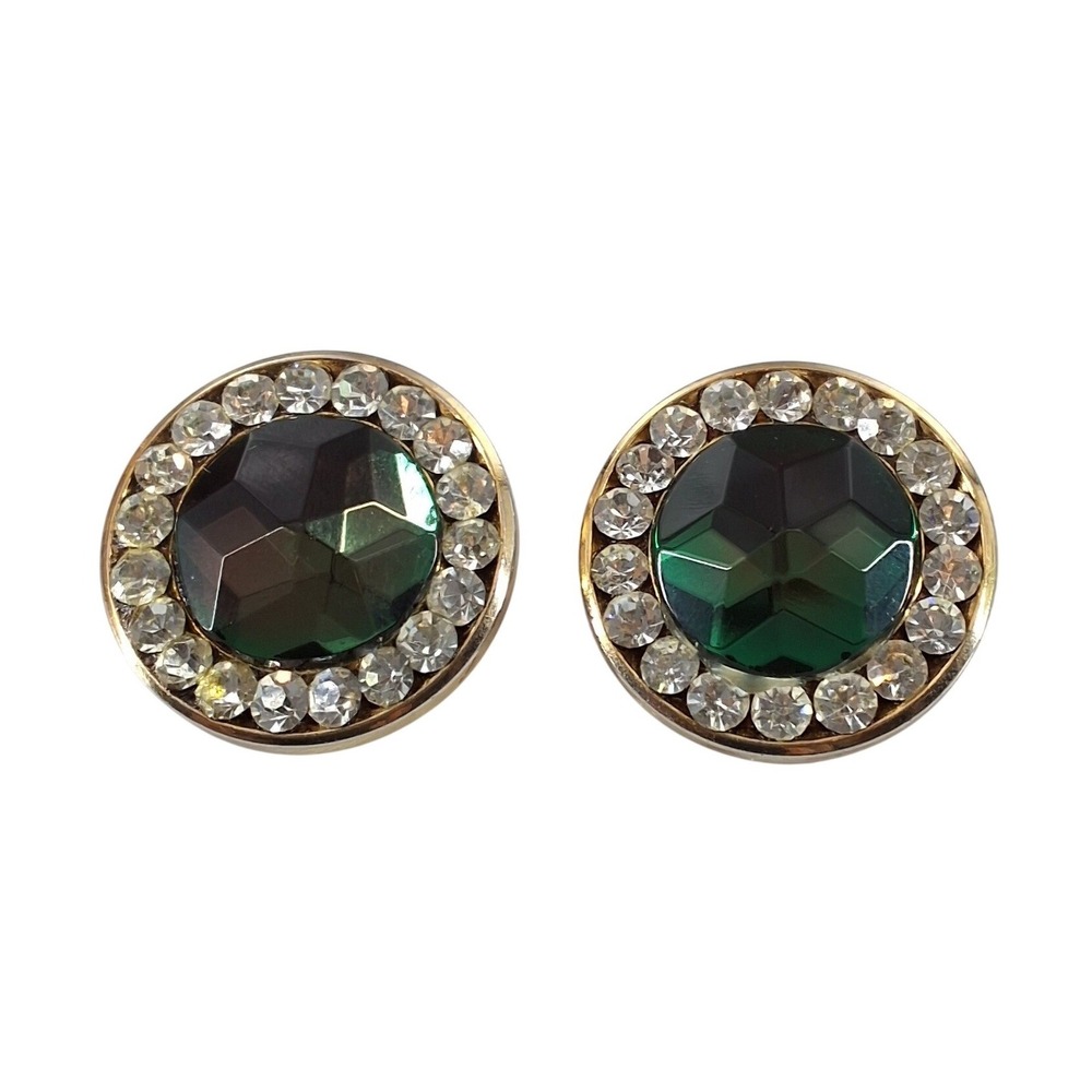 Vintage Gold Tone‎ Emerald Green Glass Rhinestone Halo Clip On Earrings
